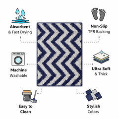 Premium Blue & White Chevron Anti-Slip Bathroom Floor Mat – Soft Absorbent Microfiber Rug for Bedroom, Kitchen & Entryway ( Set Of 2)