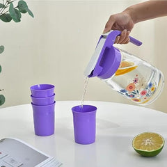 Floral Design Water Jug with Matching Stackable Cups Set