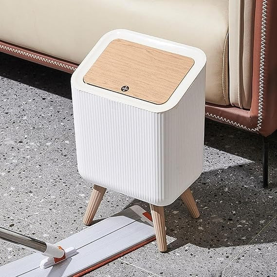 Modern Nordic Standing Dustbin with Wooden Legs & Soft-Close Lid