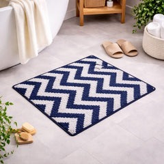 Premium Blue & White Chevron Anti-Slip Bathroom Floor Mat – Soft Absorbent Microfiber Rug for Bedroom, Kitchen & Entryway ( Set Of 2)