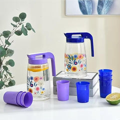 Floral Design Water Jug with Matching Stackable Cups Set