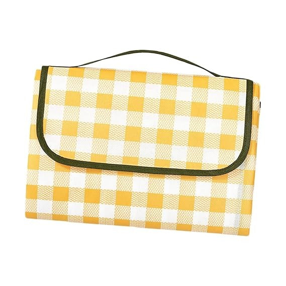 Yellow-Checked-Foldable-Picnic-Mat-Portable-Outdoor-Blanket