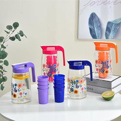 Floral Design Water Jug with Matching Stackable Cups Set