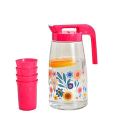 Floral Design Water Jug with Matching Stackable Cups Set
