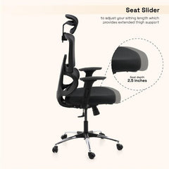 High Back Mesh Office Chair with Headrest & Lumbar Support | Adjustable Swivel Computer Chair with Wheels | Executive Work From Home Chair (Black)
