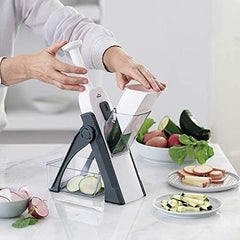 Adjustable Mandoline Slicer for Safe Slicing, Dicing & Julienne | 4 Cutting Modes, 40 Thickness Levels | Vegetable Slicer with Catch Container | Hand Press Mandoline for Kitchen