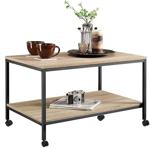 Metal Heavy Duty Coffee Center Wheels 2-Tier Tea Table with Storage Shelf, Cocktail Table TV Stand Accent Furniture for Home Office Living Room