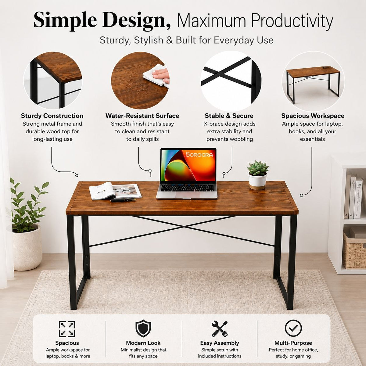 Computer Table for Home & Office | Space-Saving Work from Home Desk | Strong Metal Frame & Wood Brak Top | 37" x 19"/50 KGs Capacity (Rustic Brown)