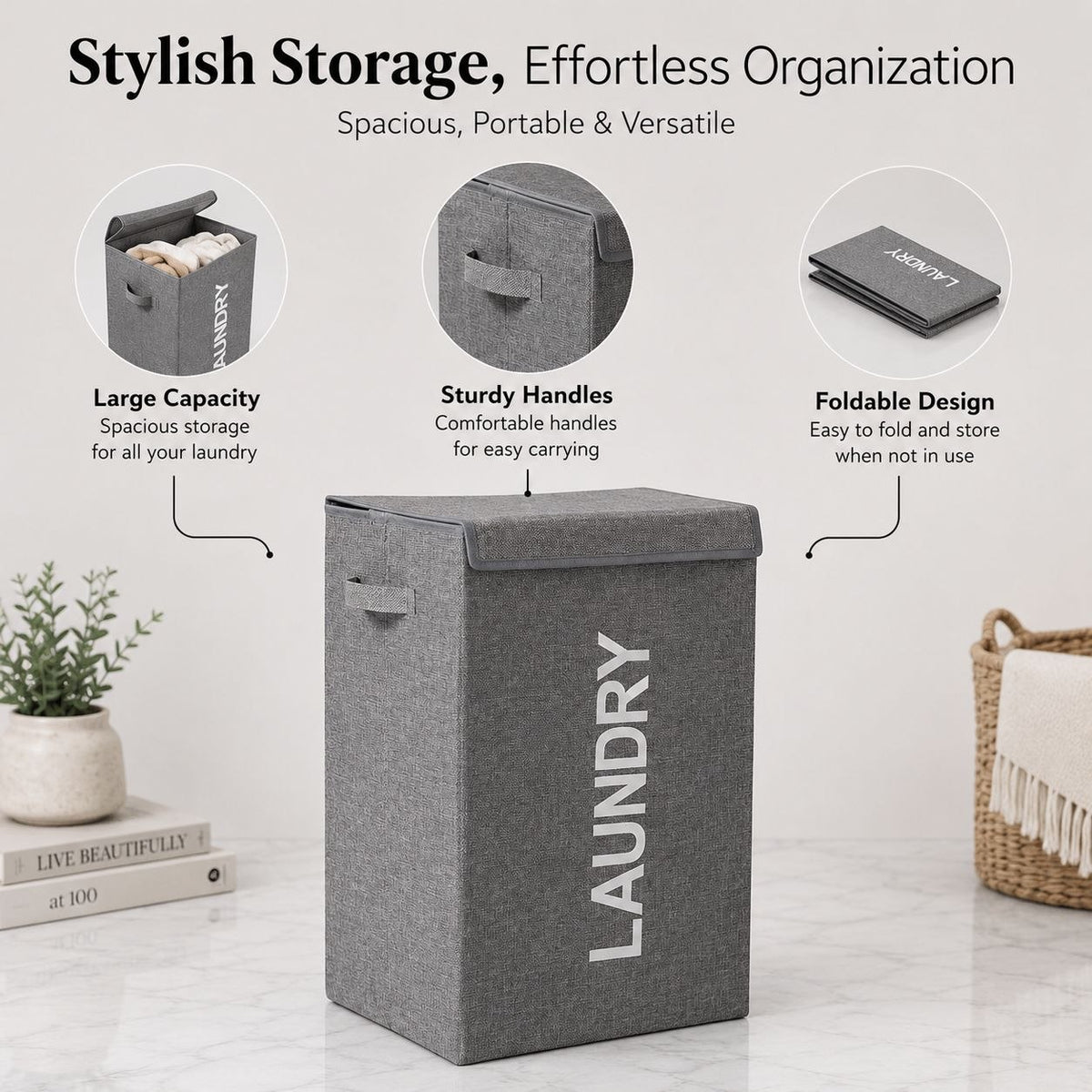 Modern Fabric Laundry Organizer with Lid and Handles