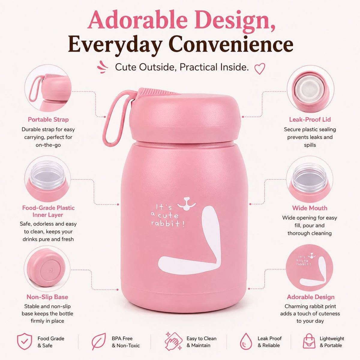 Water Bottle with Cute Rabbit Design – Leakproof Kids water for Hot & Cold Drinks, Portable Thermos Bottle with Strap for Kids, School, Office & Travel