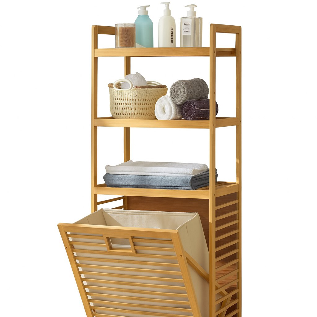 Wooden Laundry Basket with Storage Shelves